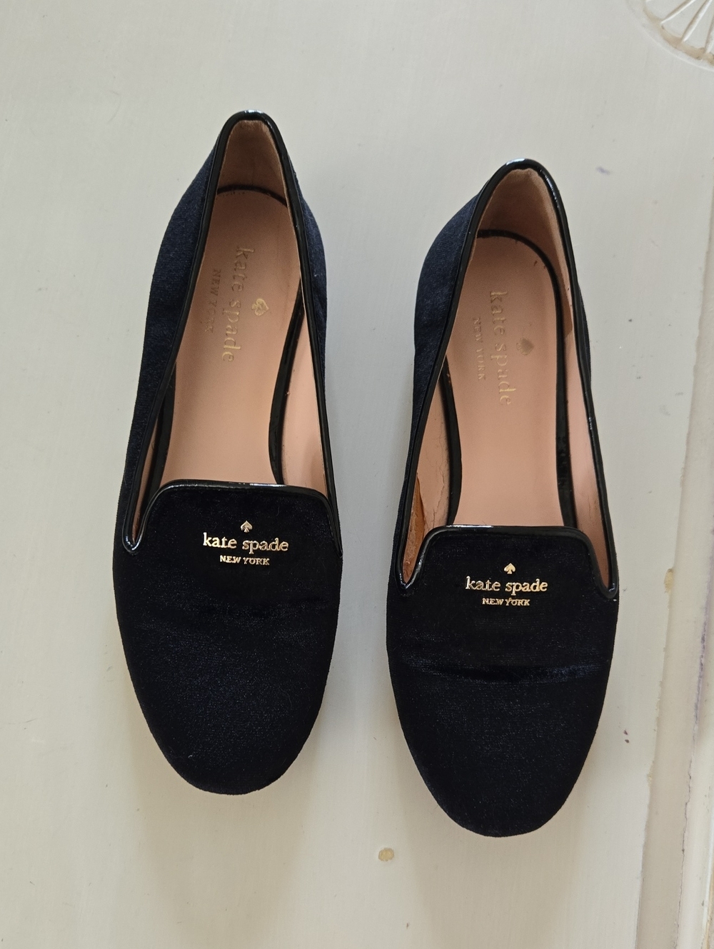 kate spade Black Velvet Loafers with Gold Logo